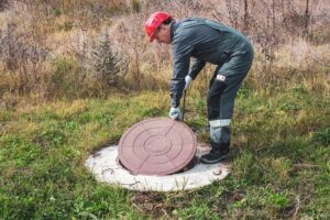 Worker in red helmet opening septic tank lid