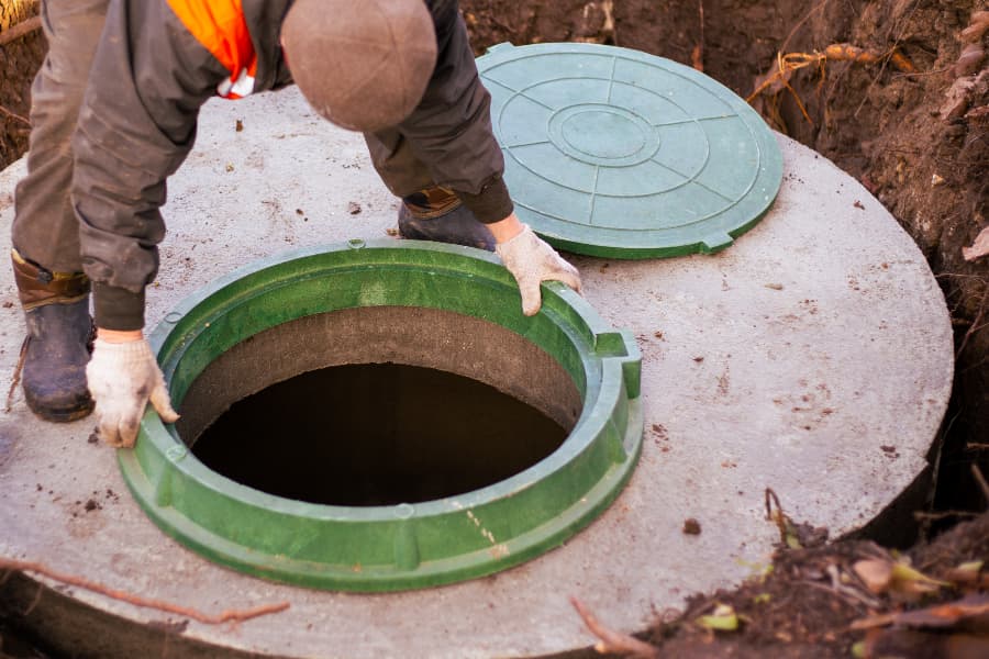Worker in vest installing cover on septic tank